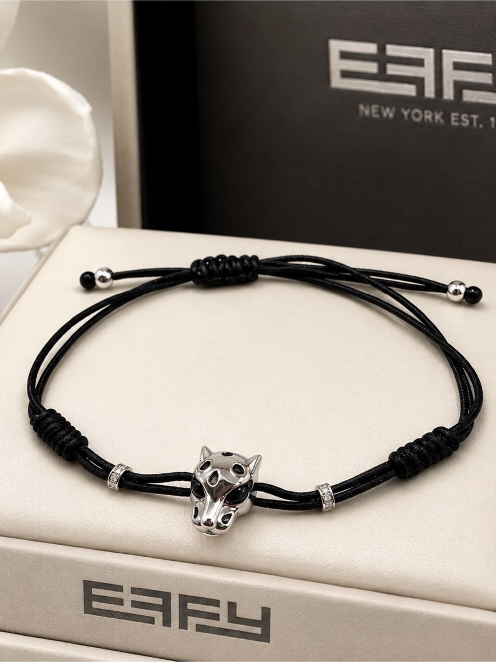 Effy Black Cord Men's Bracelet with Silver Panther Head